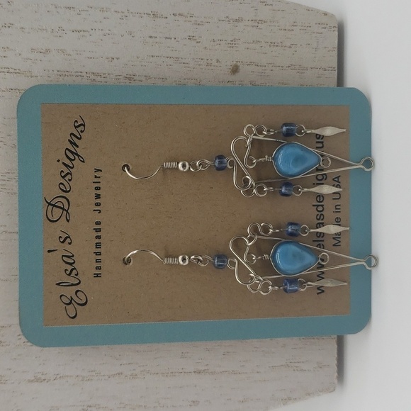 731- Blue Glass Wire Wrapped Women's Handmade Earrings NWT - Picture 1 of 5